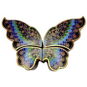 Cloisonné Vtg Brass Butterfly Trinket Box Blue Green Black Gold Tone Chinese